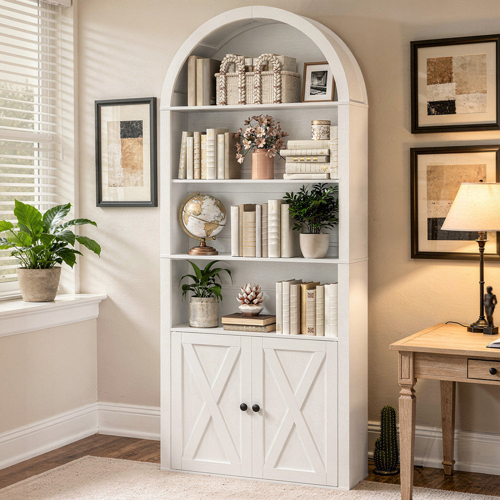 HOOBRO Arched 6-Tier Bookshelf with Cabinet Doors,Bookcase with Adjustable Shelves,for Living Room and Study, White