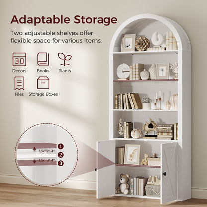HOOBRO Arched 6-Tier Bookshelf with Cabinet Doors,Bookcase with Adjustable Shelves,for Living Room and Study, White