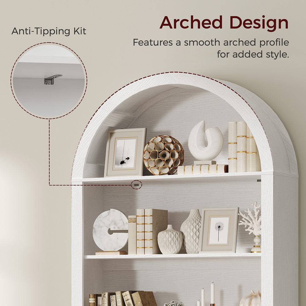 HOOBRO Arched 6-Tier Bookshelf with Cabinet Doors,Bookcase with Adjustable Shelves,for Living Room and Study, White
