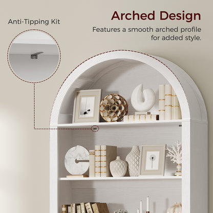 HOOBRO Arched 6-Tier Bookshelf with Cabinet Doors,Bookcase with Adjustable Shelves,for Living Room and Study, White