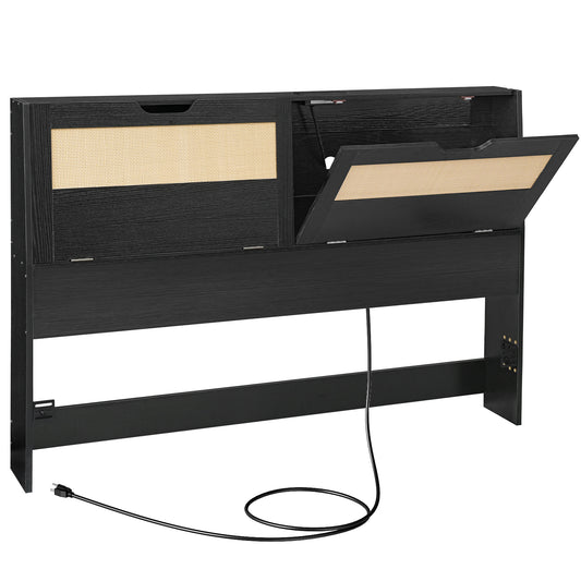 HOOBRO Queen Headboards with Storage, Headboards for Queen Size Bed Only with Outlets, Wooden Adjustable Height with Storage Shelves for Bedroom, Easy Assembly