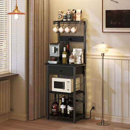 HOOBRO Bakers Rack with Drawer,with Power Outlet, Kitchen Storage Shelf Rack 4 Tiers, for Kitchen, Dining Room, Black