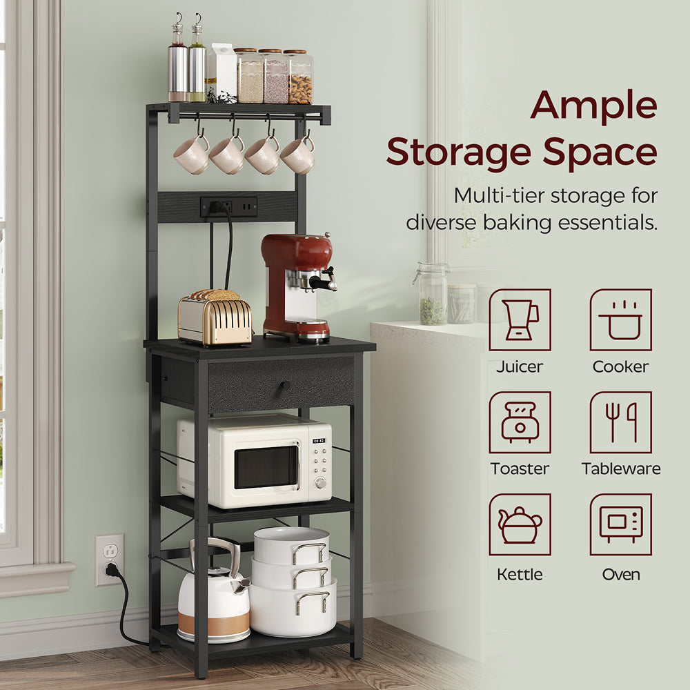 HOOBRO Bakers Rack with Drawer,with Power Outlet, Kitchen Storage Shelf Rack 4 Tiers, for Kitchen, Dining Room, Black