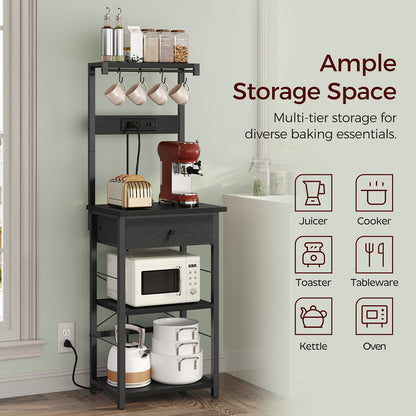 HOOBRO Bakers Rack with Drawer,with Power Outlet, Kitchen Storage Shelf Rack 4 Tiers, for Kitchen, Dining Room, Black