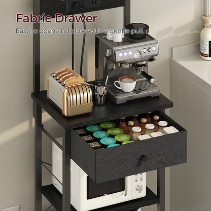 HOOBRO Bakers Rack with Drawer,with Power Outlet, Kitchen Storage Shelf Rack 4 Tiers, for Kitchen, Dining Room, Black