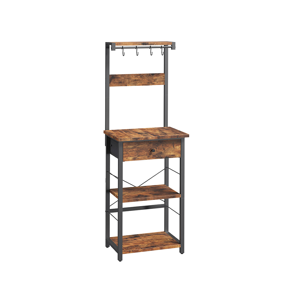 HOOBRO Bakers Rack with Drawer, Microwave Stand with Power Outlet, Coffee Bar Station with 4 Hooks