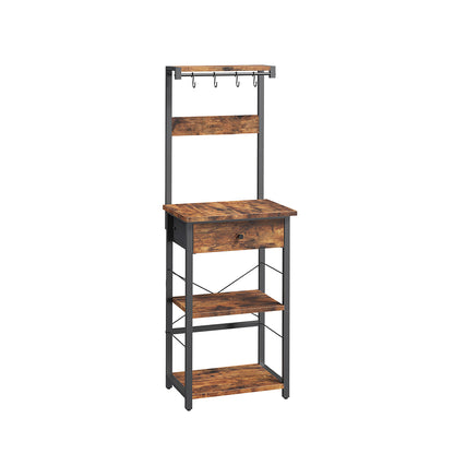 HOOBRO Bakers Rack with Drawer, Microwave Stand with Power Outlet, Coffee Bar Station with 4 Hooks
