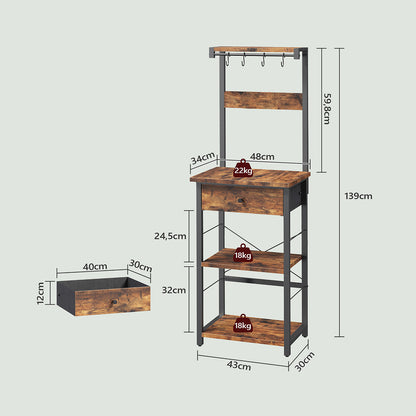 HOOBRO Bakers Rack with Drawer, Microwave Stand with Power Outlet, Coffee Bar Station with 4 Hooks