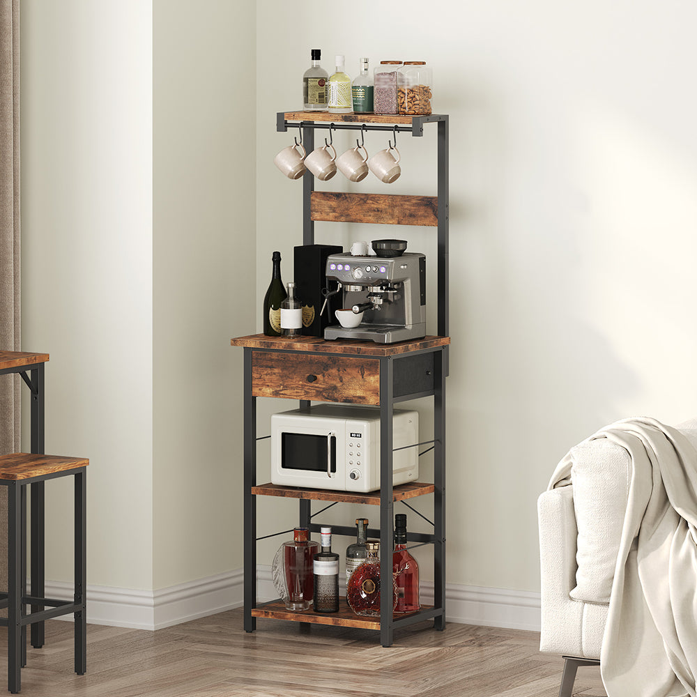 HOOBRO Bakers Rack with Drawer, Microwave Stand with Power Outlet, Coffee Bar Station with 4 Hooks