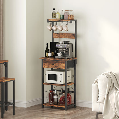 HOOBRO Bakers Rack with Drawer, Microwave Stand with Power Outlet, Coffee Bar Station with 4 Hooks