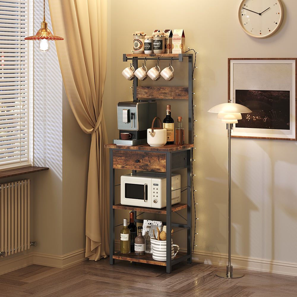 HOOBRO Bakers Rack with Drawer, Microwave Stand with Power Outlet, Coffee Bar Station with 4 Hooks
