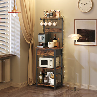 HOOBRO Bakers Rack with Drawer, Microwave Stand with Power Outlet, Coffee Bar Station with 4 Hooks