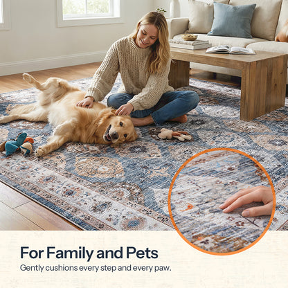 HOOBRO Washable Rug 8 x 10 Area Rugs for Living Room, Non-Slip Stain Resistant Rug, Low Pile Soft Rug Indoor Large Carpets Pet Friendly Mat, for Bedroom Kitchen Dining Room, Light Blue