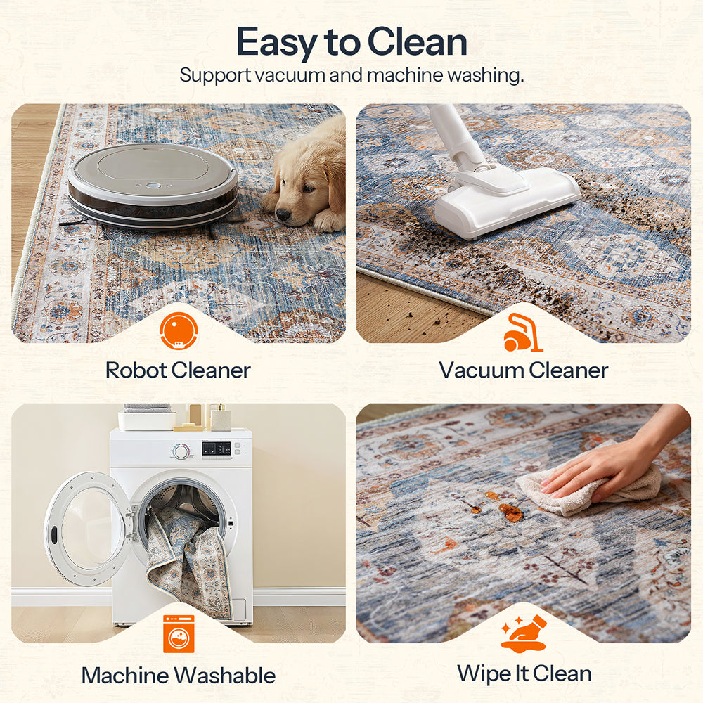 HOOBRO Washable Rug 8 x 10 Area Rugs for Living Room, Non-Slip Stain Resistant Rug, Low Pile Soft Rug Indoor Large Carpets Pet Friendly Mat, for Bedroom Kitchen Dining Room, Light Blue