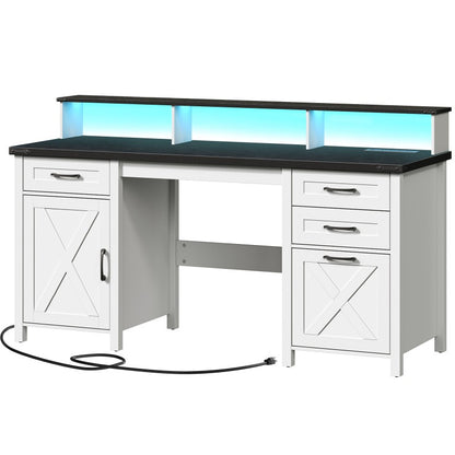 HOOBRO Farmhouse Office Desk with Drawers, 63" Long Computer Desks with File Drawers, Storage Cabinet, Home Office Gaming Desk with Power Outlet & Led Lights & Monitor Stand, Executive Desk