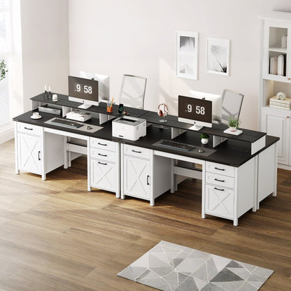 HOOBRO Farmhouse Office Desk with Drawers, 63" Long Computer Desks with File Drawers, Storage Cabinet, Home Office Gaming Desk with Power Outlet & Led Lights & Monitor Stand, Executive Desk