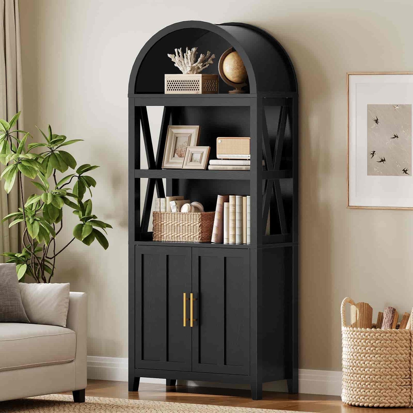 Black bookshelf with decorative items in a living room setting