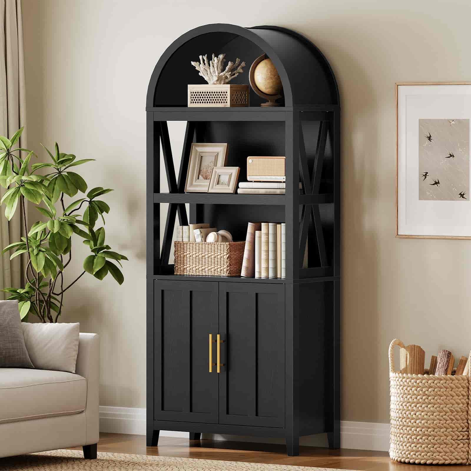 Black bookshelf with decorative items in a living room setting