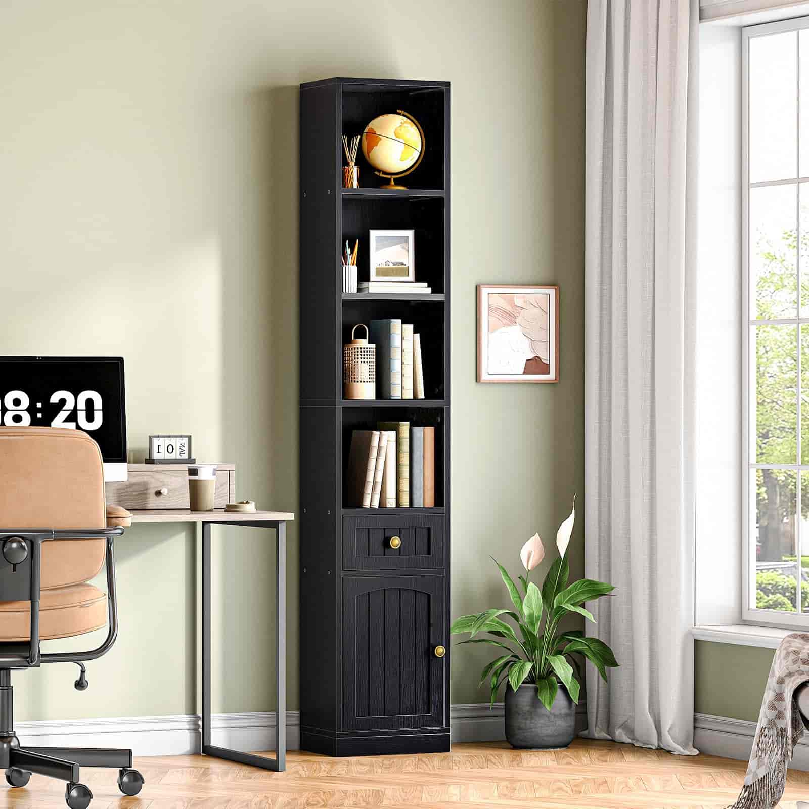 Tall black bookshelf in a room with a desk and chair, and a window.