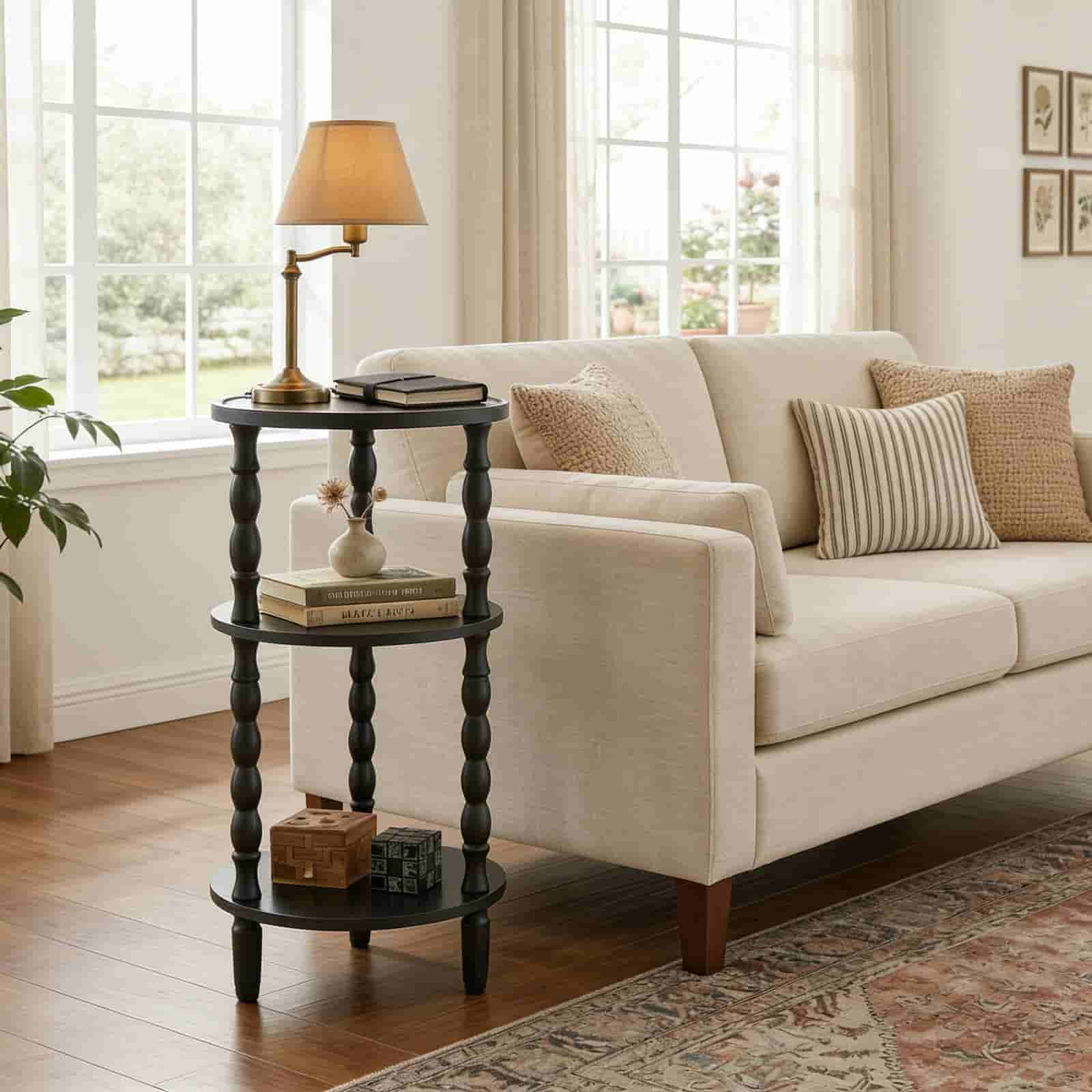 Beige sofa with decorative pillows in a living room setting with a side table and lamp.