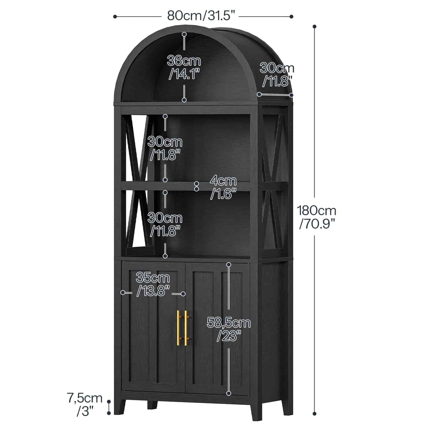 Black cabinet with dimensions indicated on a white background