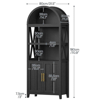 Black cabinet with dimensions indicated on a white background