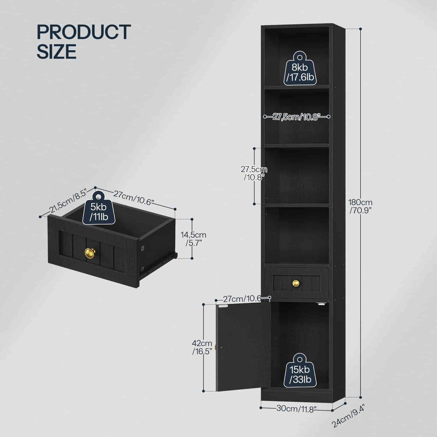 Black storage cabinet with dimensions labeled on a gray background