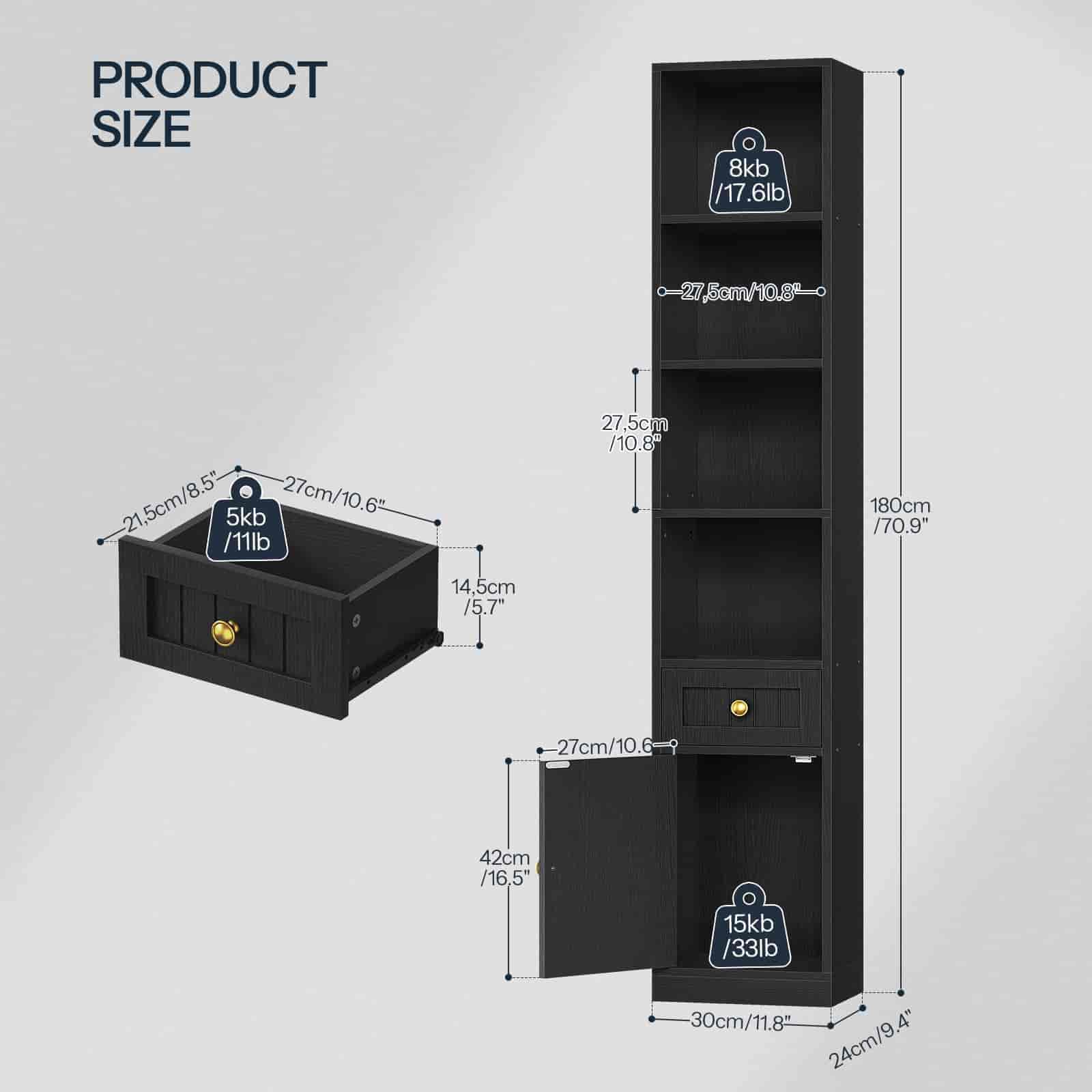 Black storage cabinet with dimensions labeled on a gray background