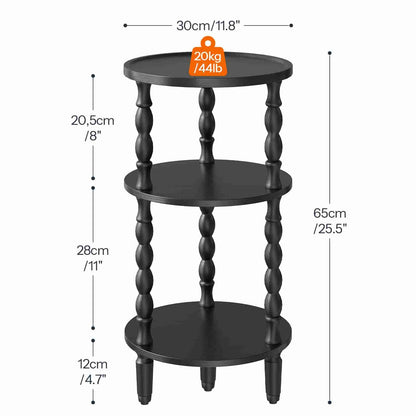 Black three-tiered plant stand with dimensions and weight capacity on a white background