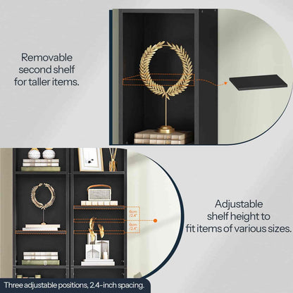 Shelving unit with adjustable shelves and decorative items on a gray background