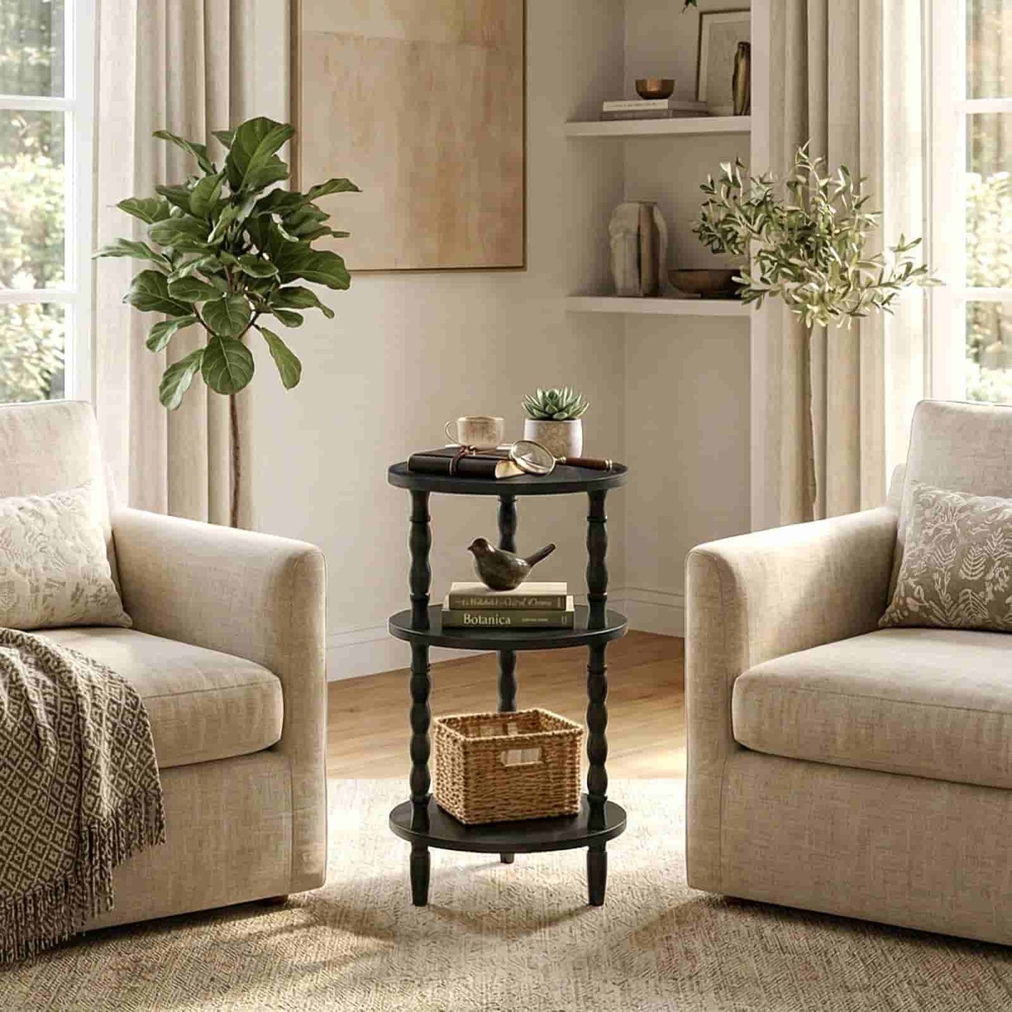 Living room with beige armchairs, a black three-tiered side table, and decorative items.