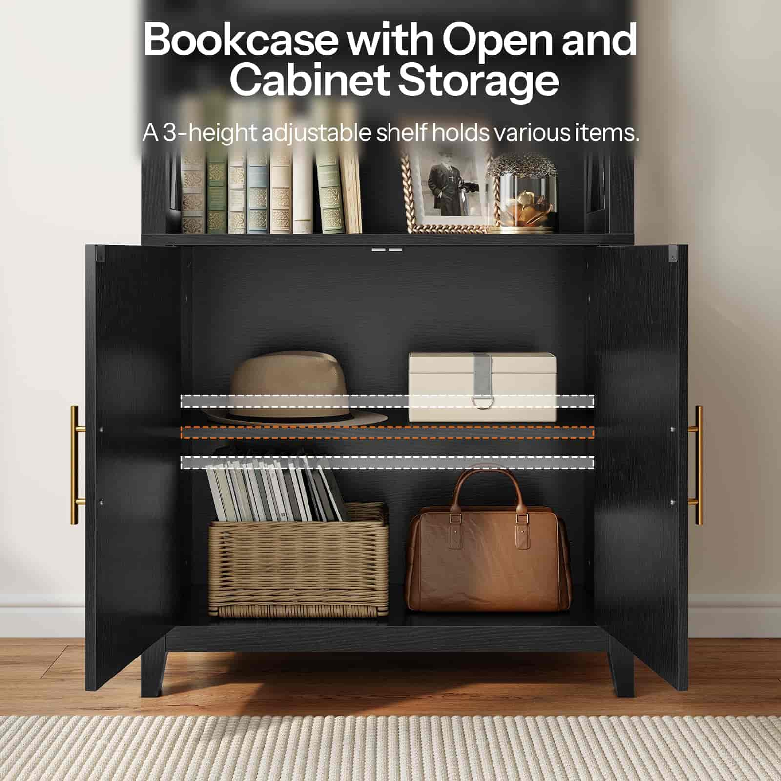 Black bookcase with open and cabinet storage, holding books, a hat, a box, and a bag.