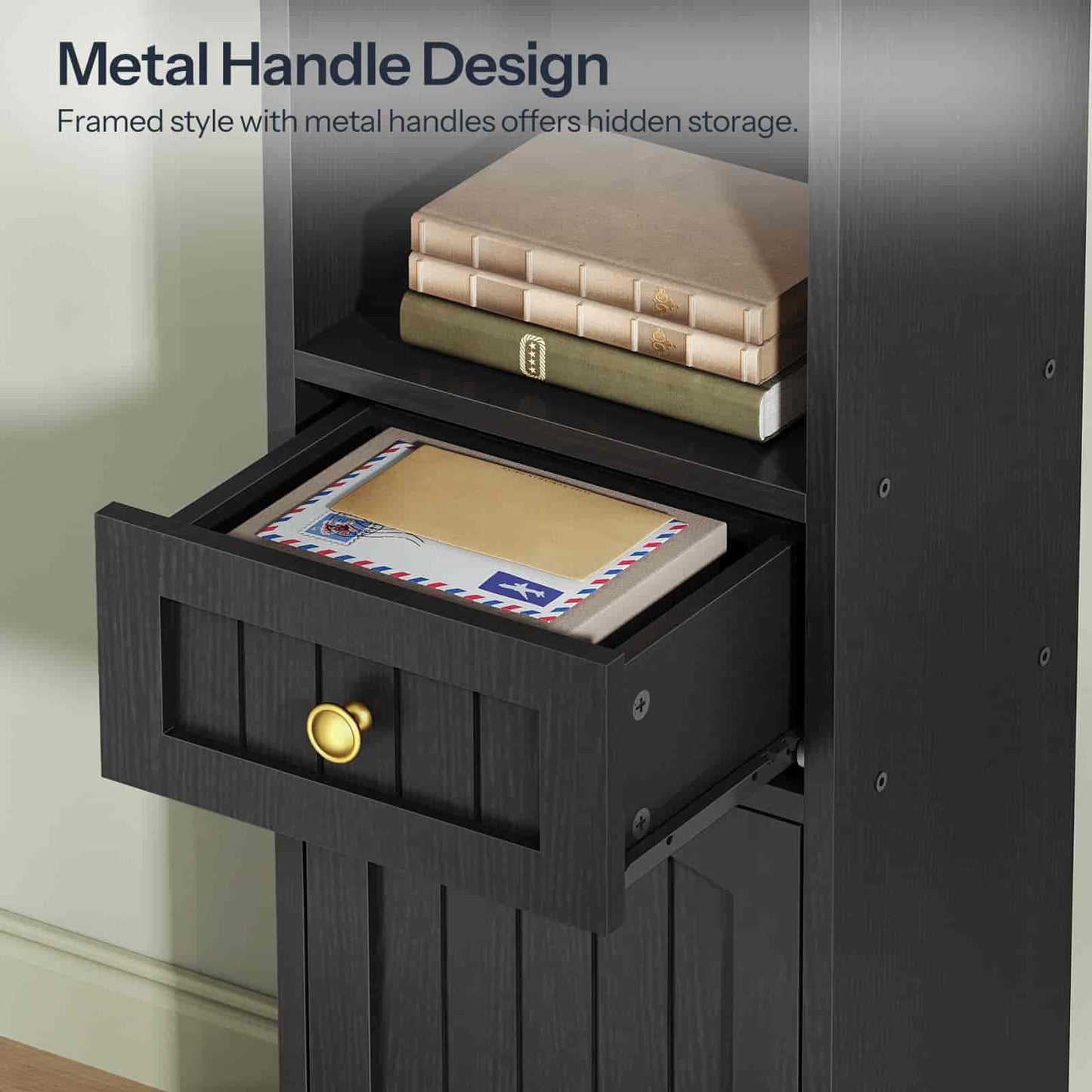 Black framed storage unit with metal handles and open drawer, showing hidden storage.