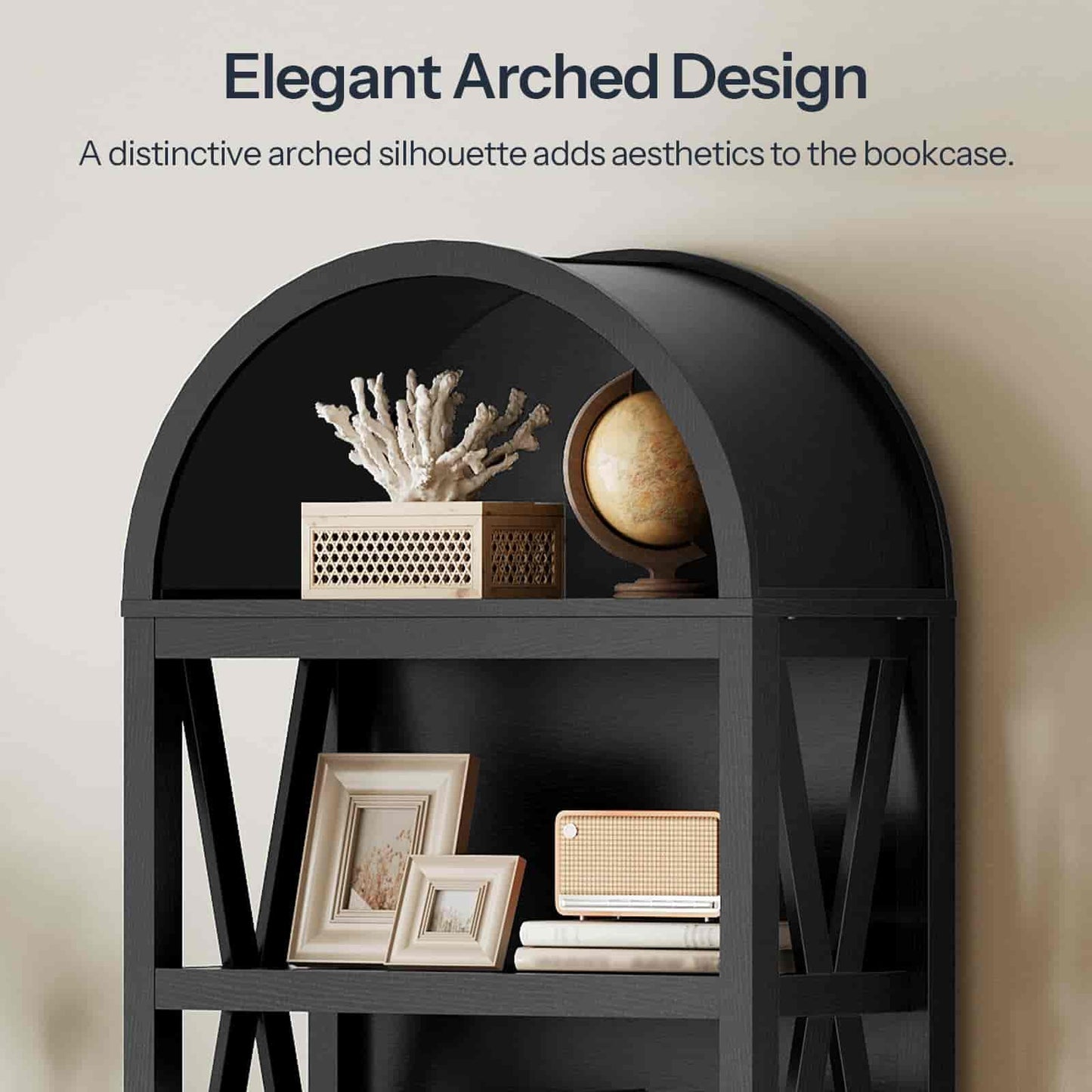 Black arch-shaped bookshelf with decorative items against a neutral background