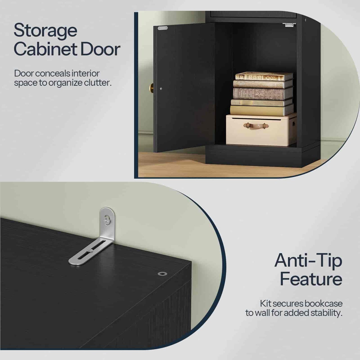 Storage cabinet with open door showing books and a shelf, with text describing the anti-tip feature.