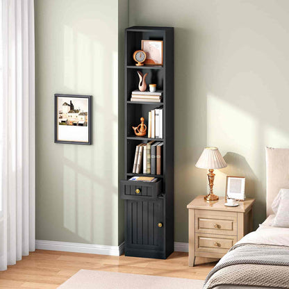 Tall black bookshelf in a bedroom with a lamp and decor items.