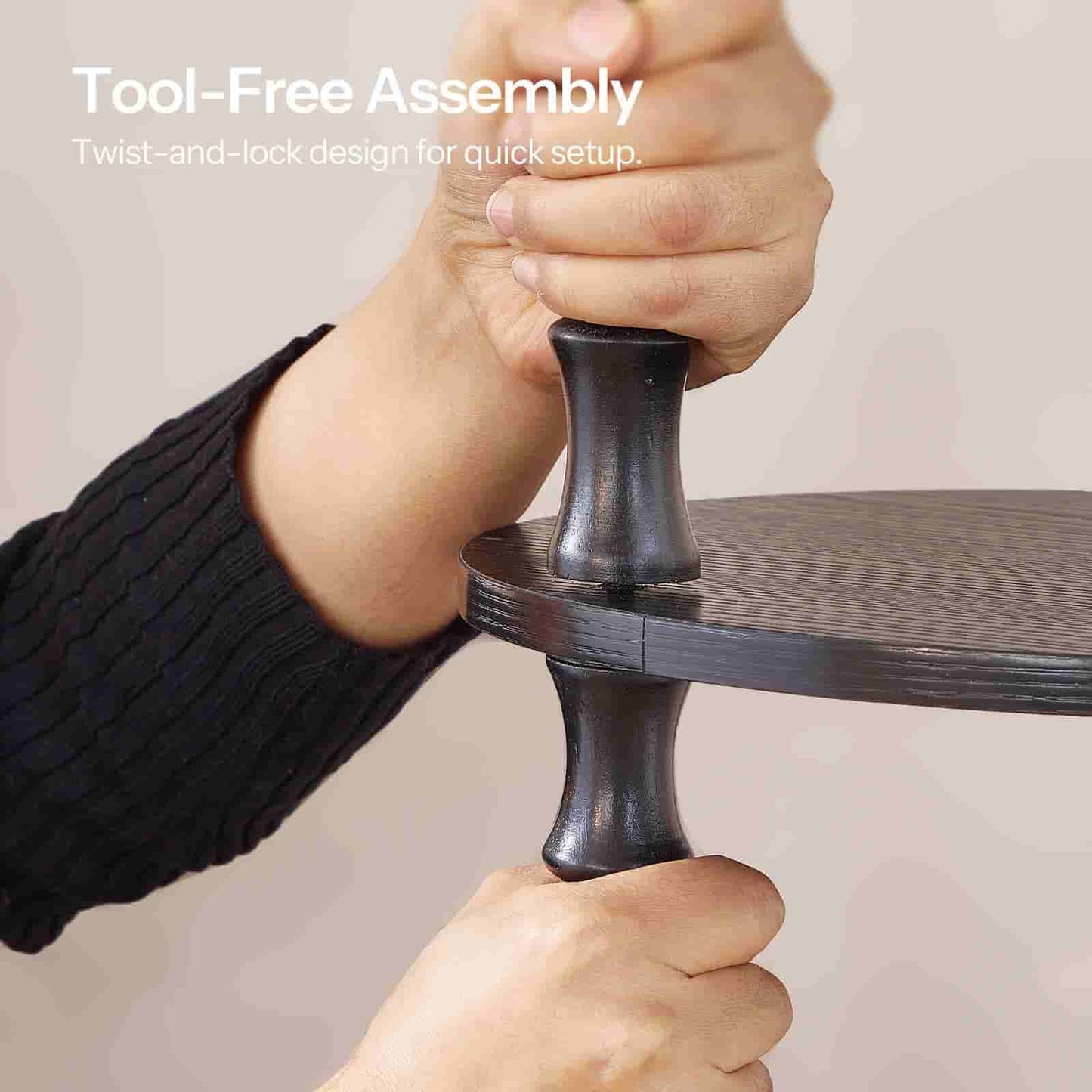 Person using a twist-and-lock design on a piece of furniture with text 'Tool-Free Assembly' and 'Twist-and-lock design for quick setup.'.