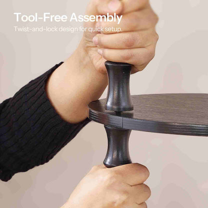 Person using a twist-and-lock design on a piece of furniture with text 'Tool-Free Assembly' and 'Twist-and-lock design for quick setup.'.