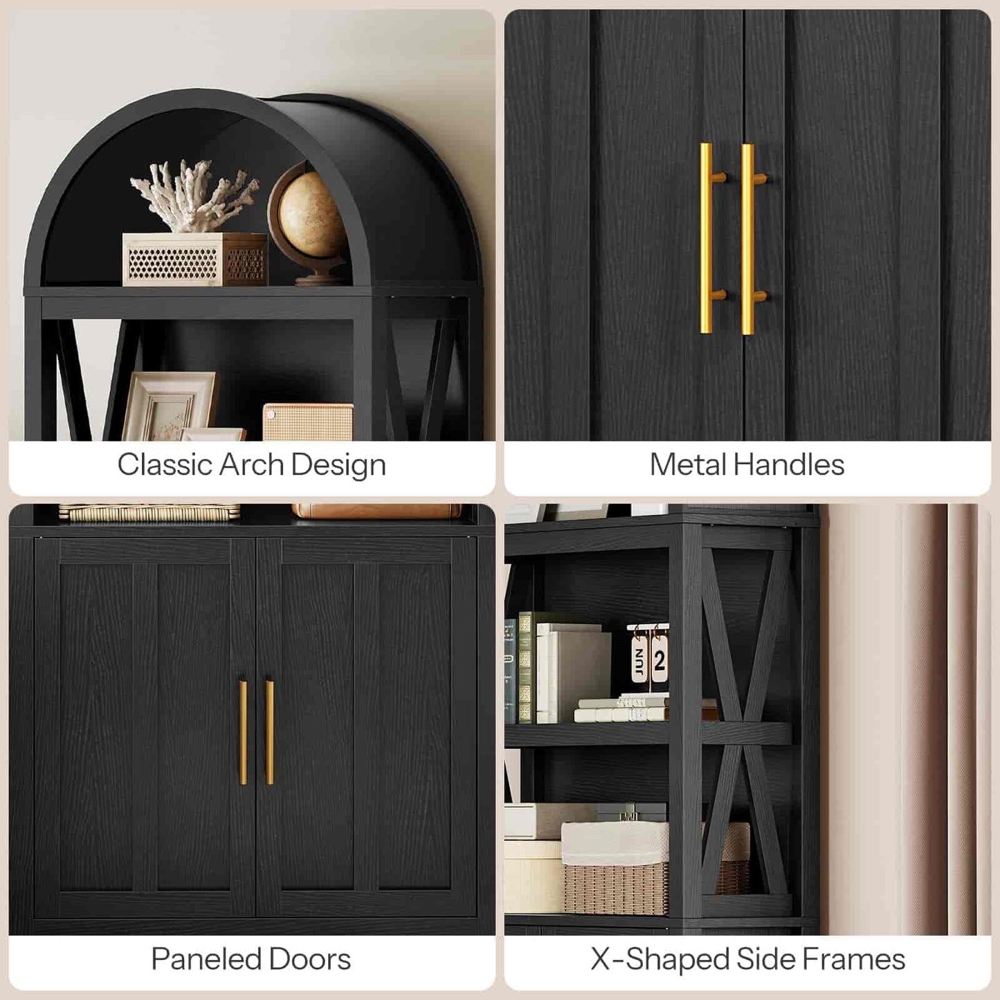 Black bookshelf with features highlighted including classic arch design, metal handles, paneled doors, and X-shaped side frames.