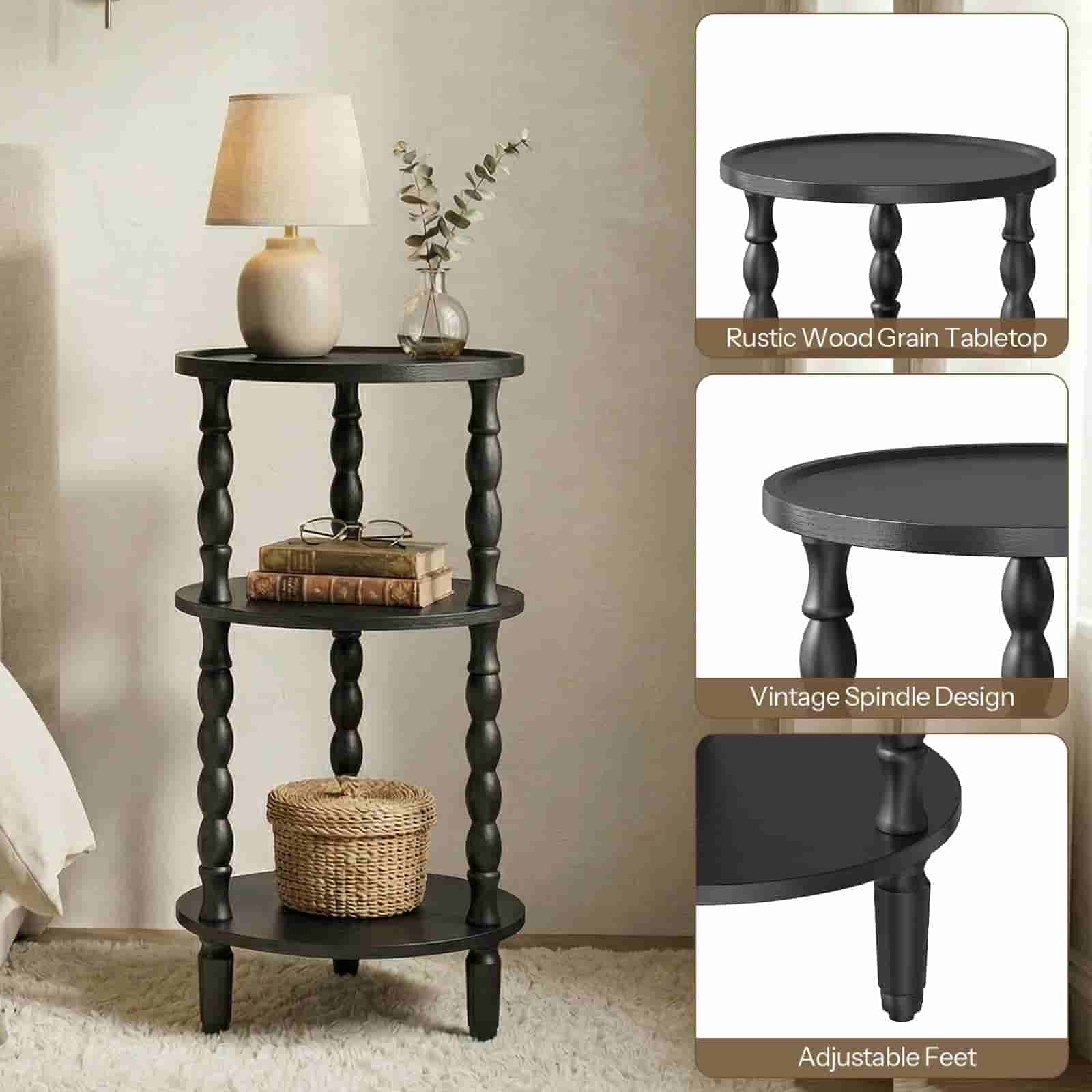Black three-tiered wooden table with decorative items against a beige wall.