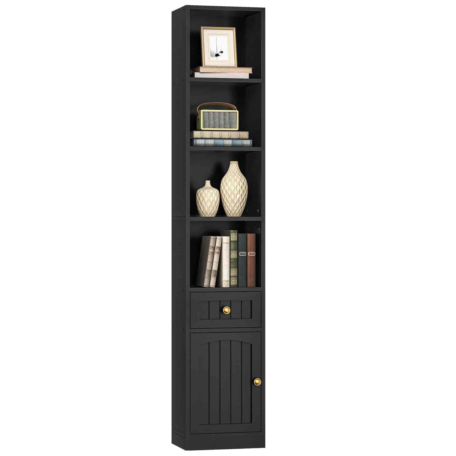Black bookshelf with decorative items on a white background