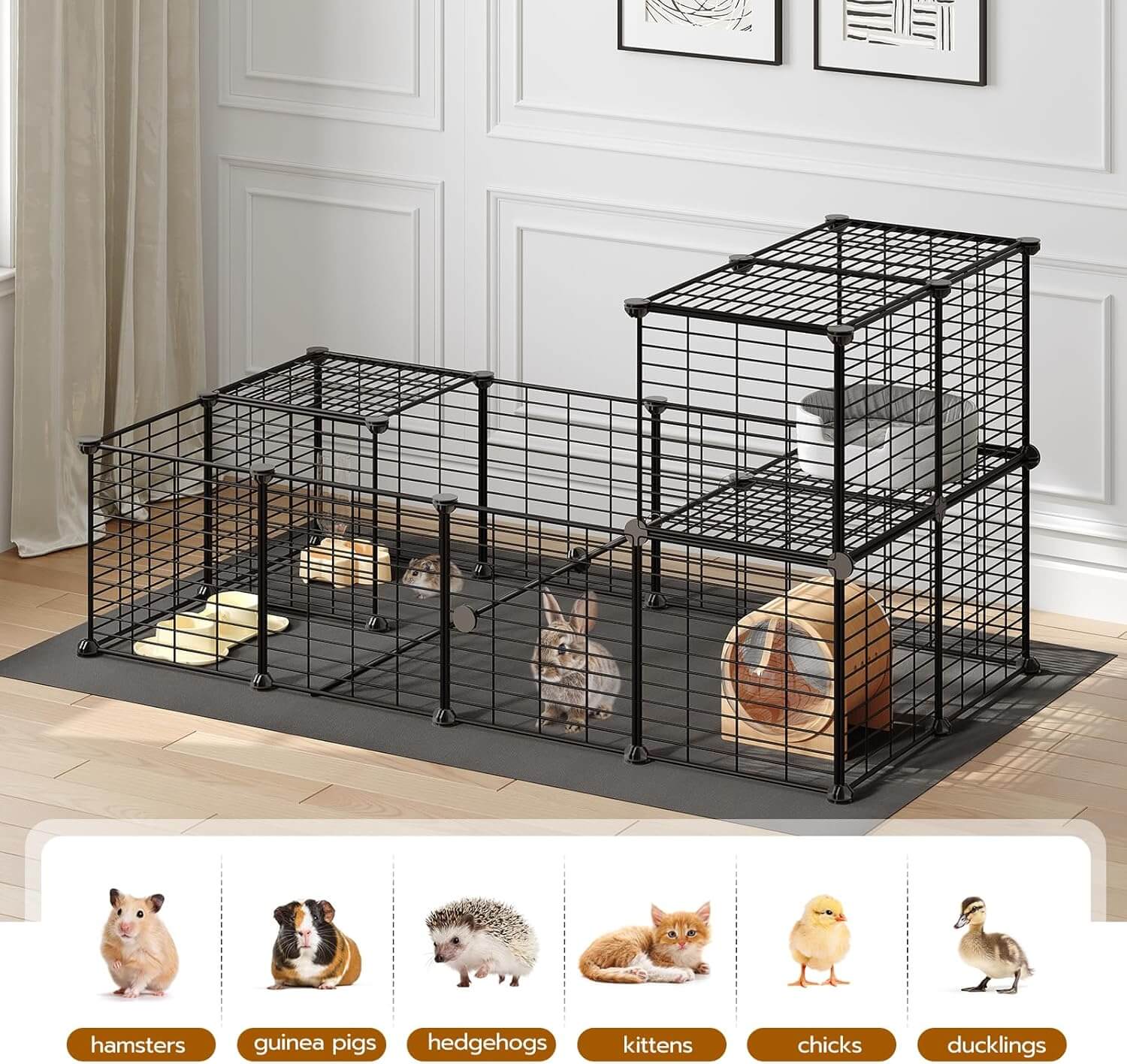 Pet cage with multiple levels and accessories for small animals in a room setting.