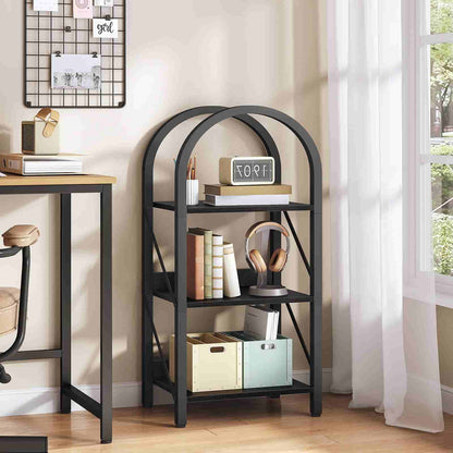 Black metal bookshelf with decorative items in a room with a desk and window.