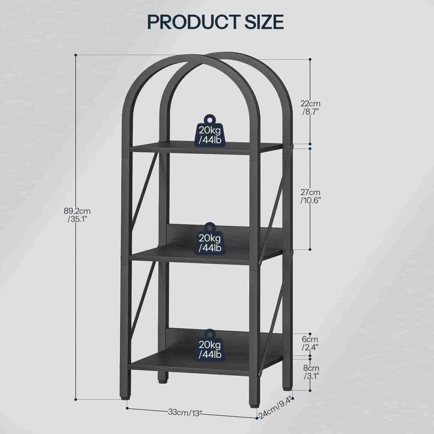 Black metal shelf with dimensions labeled on a gray background