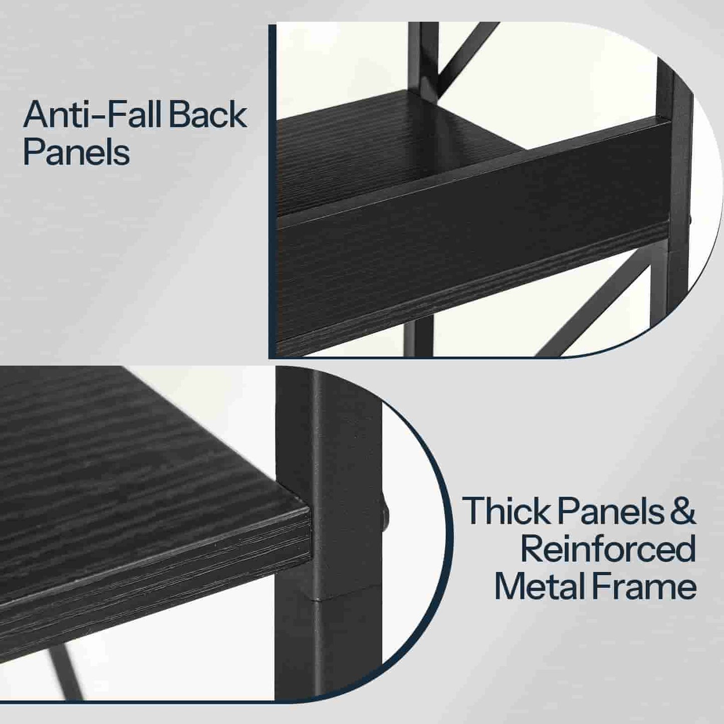 Black metal shelf with anti-fall back panels and thick panels reinforced by a metal frame.