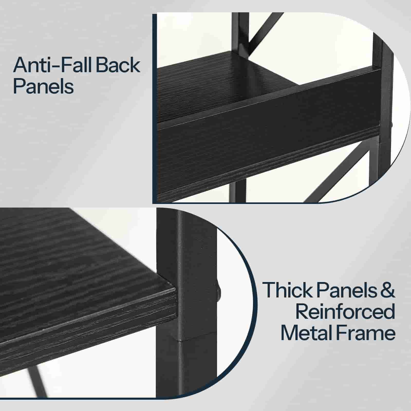 Black metal shelf with anti-fall back panels and thick panels reinforced by a metal frame.