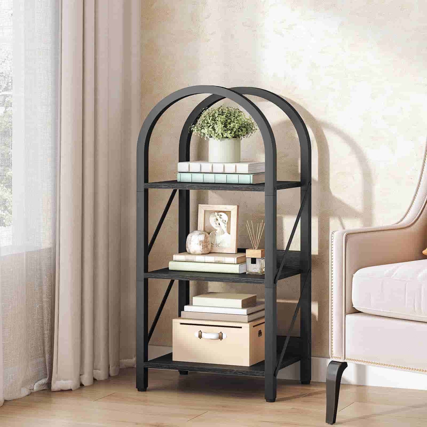 Black metal bookshelf with decorative items in a living room setting
