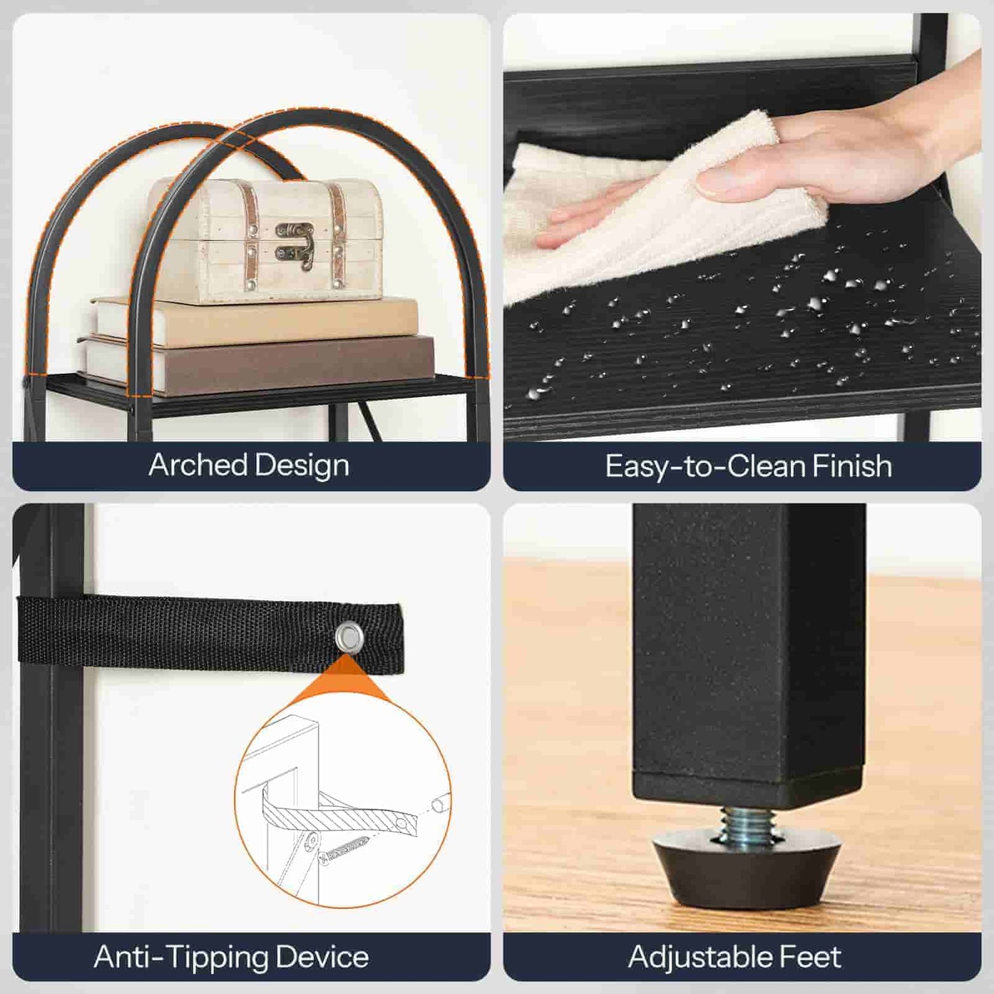 Collage of a shelf with features highlighted, including arch design, easy-to-clean finish, anti-tipping device, and adjustable feet.