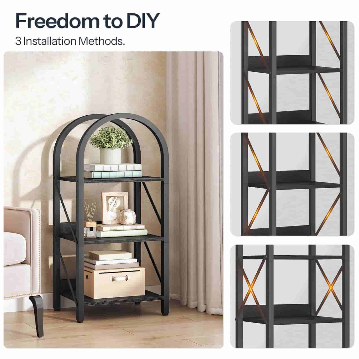 Black metal shelf with decorative items in a room setting, featuring text 'Freedom to DIY' and '3 Installation Methods'.