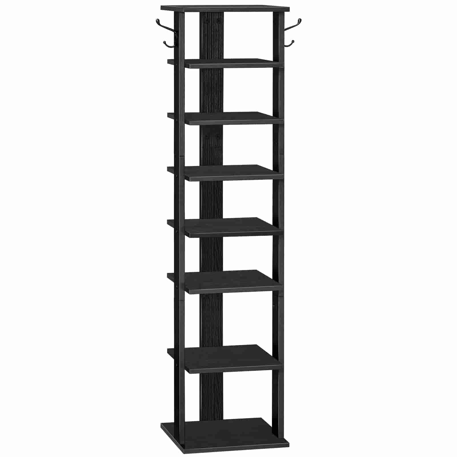 Black wooden shelf with multiple shelves and hooks on a white background